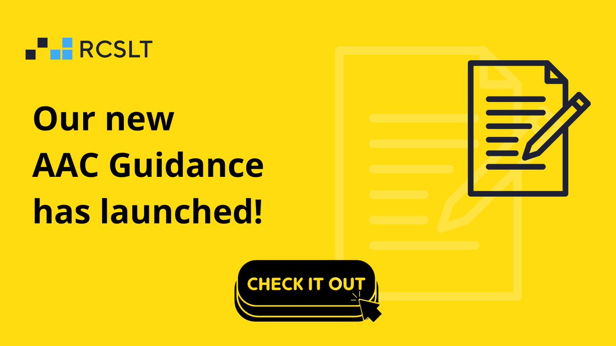 Check out our new AAC (augmentative &amp; alternative communication) Guidance!

Including clinical guidance for SLTs and guidance for the general public to help understand AAC tools &amp; techniques.

rcslt.org/news/updated-a…

#slt #speechandlanguagetherapy #speechandlanguagetherapy #AAC