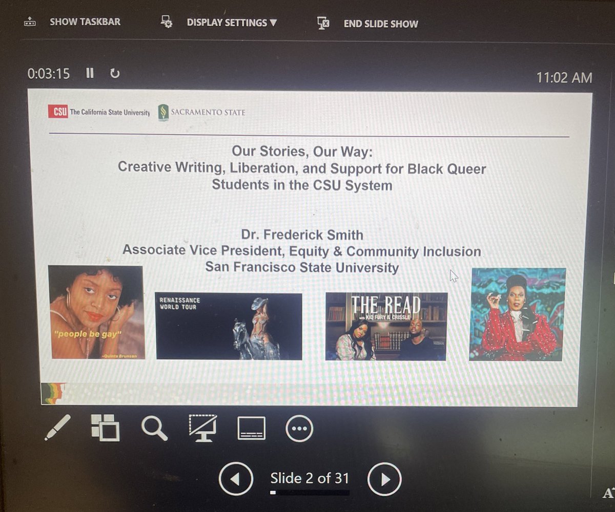 Day 2. #CSUJuneteenth

Introducing a student keynote speaker, Nedric Miller.

Presenting on Supporting Black &amp; Queer students in the <a href="/calstate/">The CSU</a> system. 🌈🎓

Keeping our @sfsu crew together!