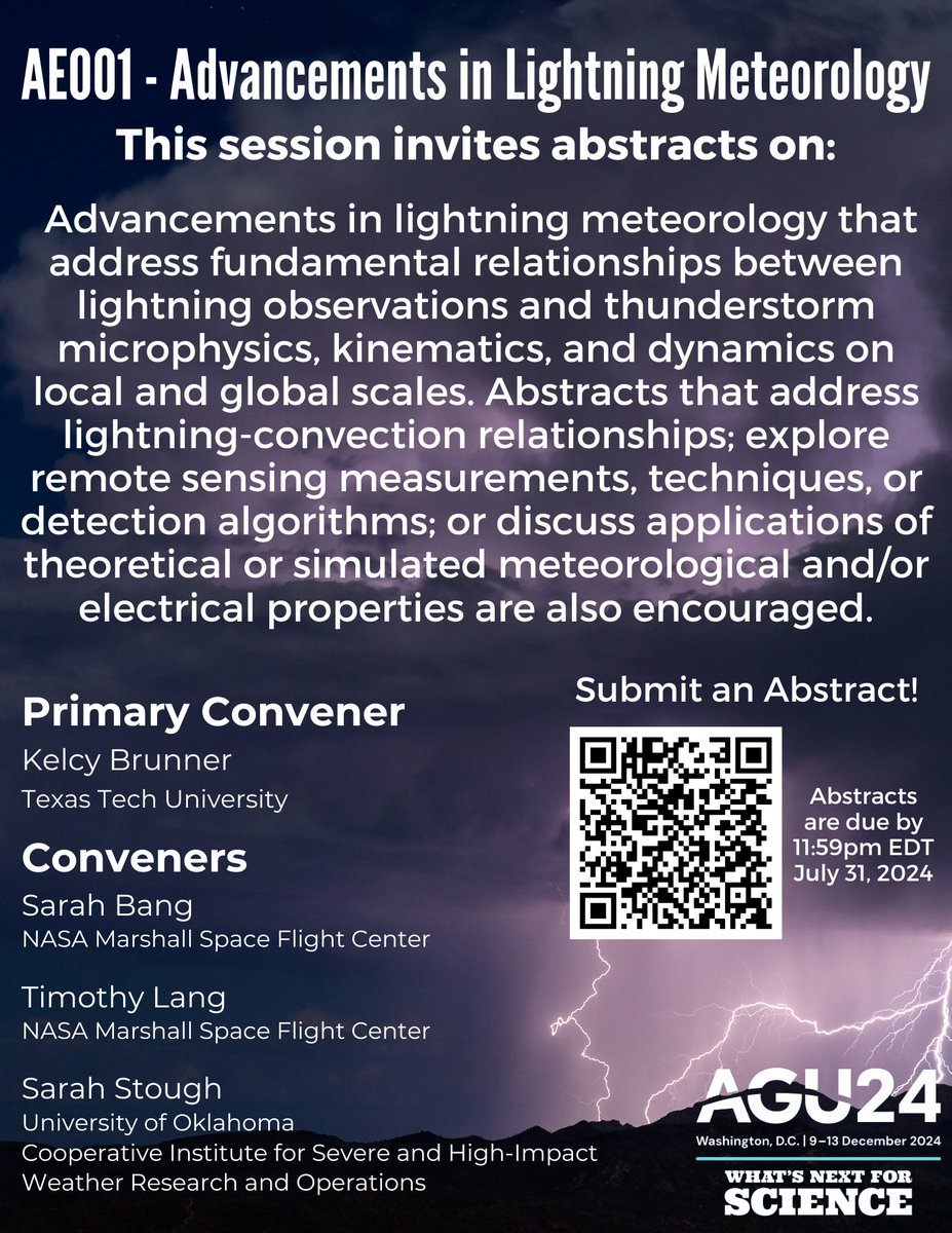 Kelcy Brunner (@kelcybrunner) on Twitter photo All! Our session at <a href="/theAGU/">AGU (American Geophysical Union)</a> (<a href="/tjlang/">Timothy Lang</a> , Sarah Stough, and Sarah Bang): Advancements in Lightning Meteorology is live and accepting abstracts! All! Our session at <a href="/theAGU/">AGU (American Geophysical Union)</a> (<a href="/tjlang/">Timothy Lang</a> , Sarah Stough, and Sarah Bang): Advancements in Lightning Meteorology is live and accepting abstracts!