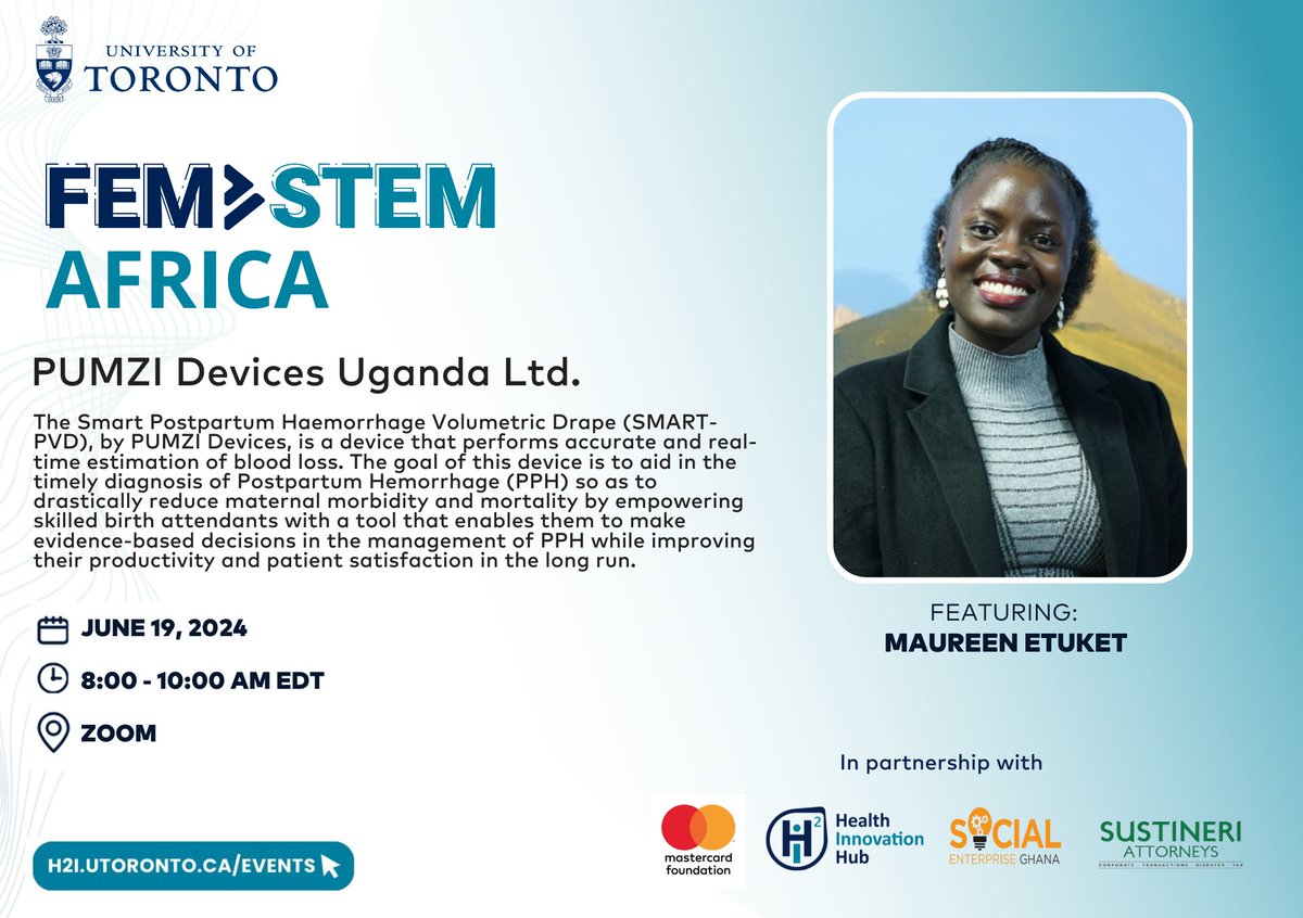 HealthInnovationHub (@h2i_uoft) on Twitter photo We are just days away from the FemSTEM Africa Pitch Competition--let's meet our next finalist!
Maureen Etuket will be presenting her venture, PUMZI Devices🎙️
Learn more & register today at: bit.ly/FemSTEMAfricaP…
<a href="/PumziDevices/">PUMZI</a> <a href="/GoodNewsMO/">Maureen Etuket Ruswa</a> <a href="/SEGhana/">SE Ghana</a> <a href="/MastercardFdn/">Mastercard Foundation</a> We are just days away from the FemSTEM Africa Pitch Competition--let's meet our next finalist!
Maureen Etuket will be presenting her venture, PUMZI Devices🎙️
Learn more & register today at: bit.ly/FemSTEMAfricaP…
<a href="/PumziDevices/">PUMZI</a> <a href="/GoodNewsMO/">Maureen Etuket Ruswa</a> <a href="/SEGhana/">SE Ghana</a> <a href="/MastercardFdn/">Mastercard Foundation</a>