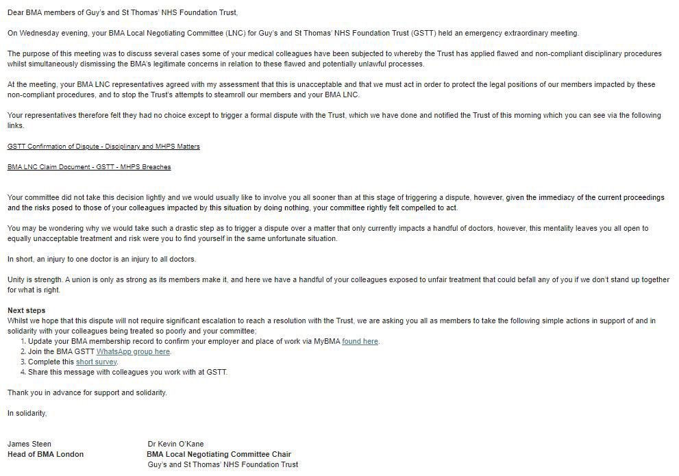 Here is our message to members explaining the situation and why the BMA Local Negotiating Committee at GSTT felt compelled to take decisive action.