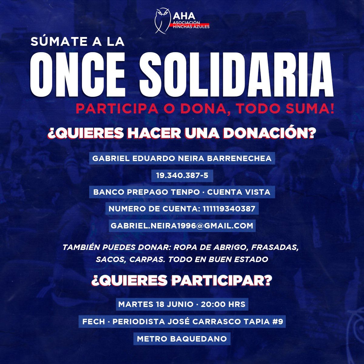 Nunca olvidamos que la U es su gente 🤘🏾 En estos días que se recrudecen las lluvias y los fríos, es cuando más ayuda necesita la gente de calle. Súmate a las salidas solidarias. Nos reuniéramos desde las 20hrs en la sede de la FECH (Periodista José Carrasco Tapia #9)