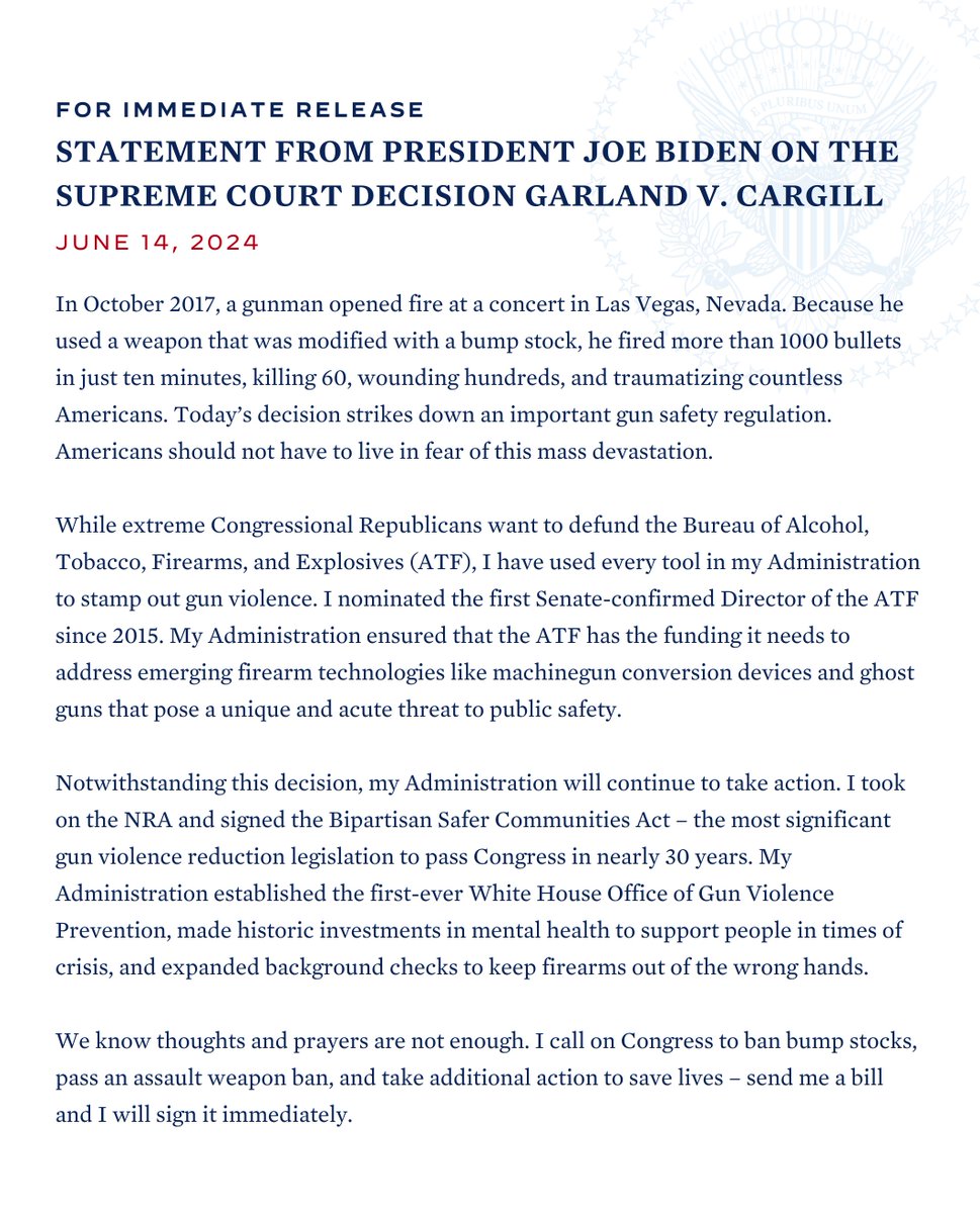 Today's Supreme Court decision strikes down an important gun safety regulation.

We know thoughts and prayers are not enough.

I call on Congress to ban bump stocks, pass an assault weapon ban, and take action to save lives – send me a bill and I will sign it immediately.