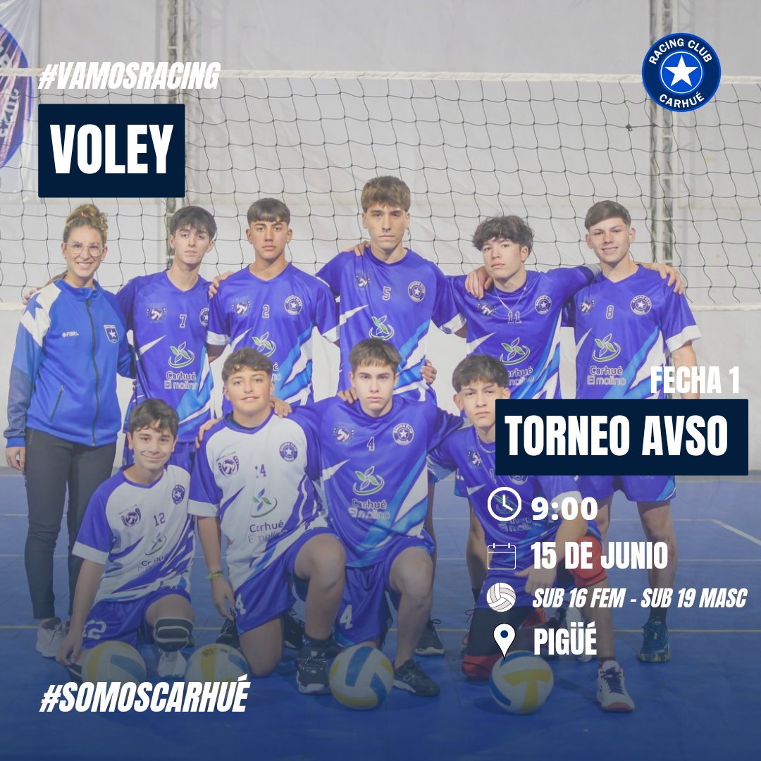 𝗩𝗢𝗟𝗘𝗬🏐 | Mañana hay fecha💪

🏆Fecha 1 AVSO | Torneo
📆Sábado 16 de junio 
⏰A partir de las 9:00
🏐Sub 16 Femenino - Sub 19 Masculino
🏟️Pigüé 

#VAMOSRACING👊💙 #SomosCarhué