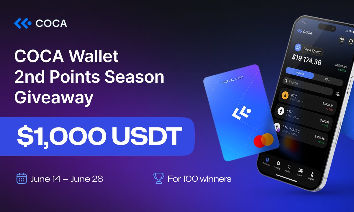 coca_card's tweet photo. 💥$1,000 #giveaway on TaskOn to celebrate the the launch of our second season of COCA Points

🎁 $1,000 worth USDT
🏆 100 winners
📅 Dates: 14 June - 28 June

✅Like, RT & Tag 3 Friends
✅Complete tasks and win: https://t.co/NGfDStYW1F

#gleam #airdrop #CryptoNews #web3 #TaskOn #Zealy #Galxe #COCA