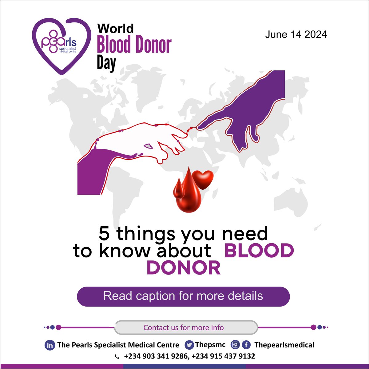 thePSMC's tweet photo. 🩸💖 Today, on World Blood Donor Day, let's celebrate the lifesaving heroes who give the gift of life!
Below are five things you need to know before you can donate
💖 #WorldBloodDonorDay #GiveBlood #SaveLives #thepsmc https://t.co/9AwlSHC05O
