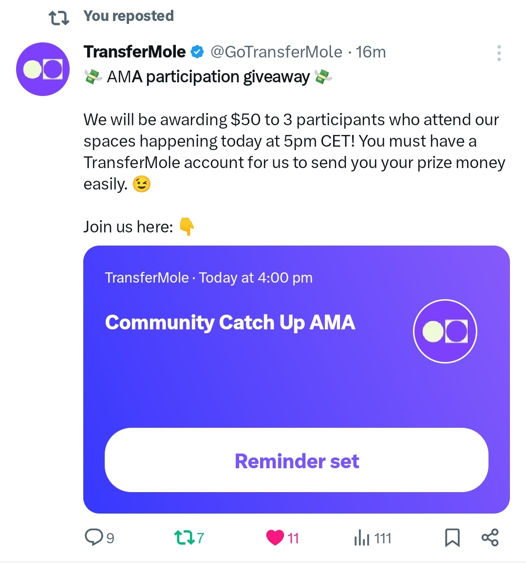 EllFexx's tweet photo. WHAT CAN $150 DO FOR YOU TODAY ⁉️

Sharing this prize pool amongst 3 newbies in the Web3 space soon.

ALL YOU HAVE TO DO IS ⏬

• Like, Retweet and give me a follow @EllFexx 

• Next ⏩ follow @GoTransferMole, and join our Pending Twitter Space where winners would be announced. https://t.co/duxcJ0FZ6q