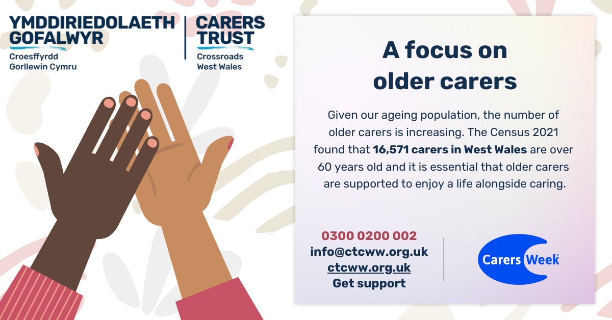 Given our ageing population, the number of #oldercarers is increasing. The Census 2021 found that 16,571 carers in West Wales are over 60 years old and it is essential that older carers are supported to enjoy a life alongside caring.
0300 0200 002
info@ctcww.org.uk
#CarersWeek