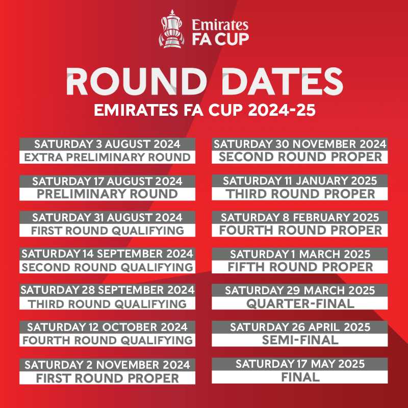 EmiratesFACup's tweet photo. The round dates for the 2024-25 #EmiratesFACup have been announced 👇