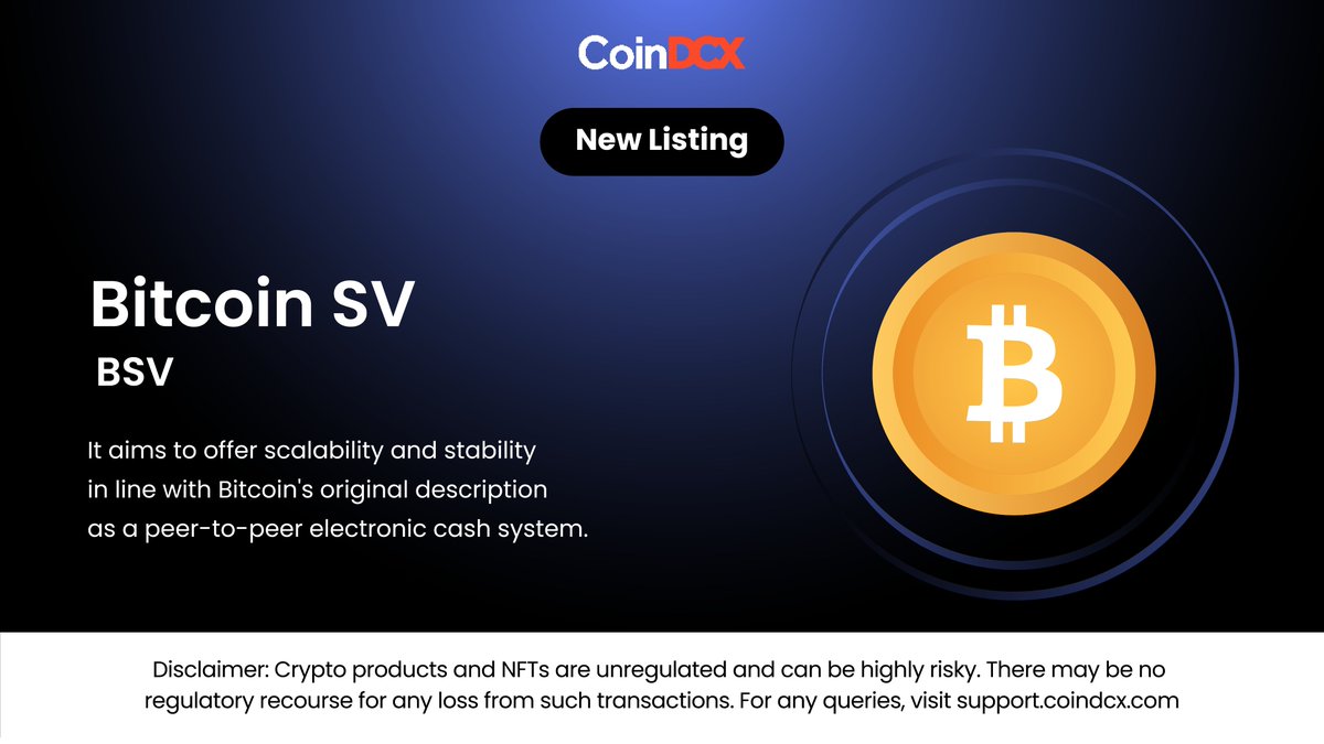 Experience the original vision of the Bitcoin protocol with $BSV, the native  token of @BSVBlockchain is now listed on CoinDCX🎉 #CoinDCXListing  #BitcoinSV #BSV