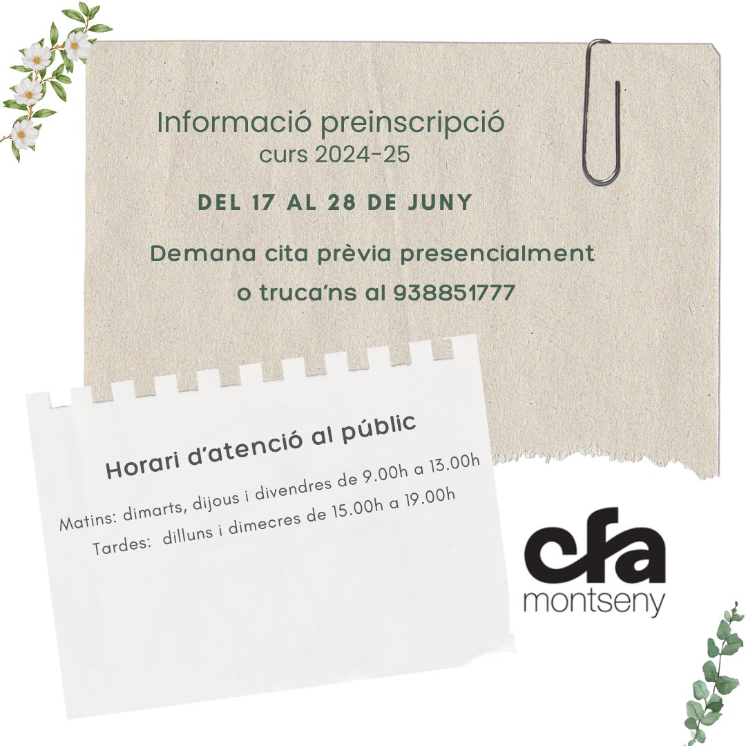 Període de preinscripció obert al CFA Montseny.  Demana cita prèvia i vine a preinscriure't!
#cfamontseny #montsenycrew #cfa #epa #fpa #fadults #fadultos #vic #osona #ensenyament #educació #educaciópersonesadultes #educacióadults #ensenyamentadults  #departamenteducació #curs2425