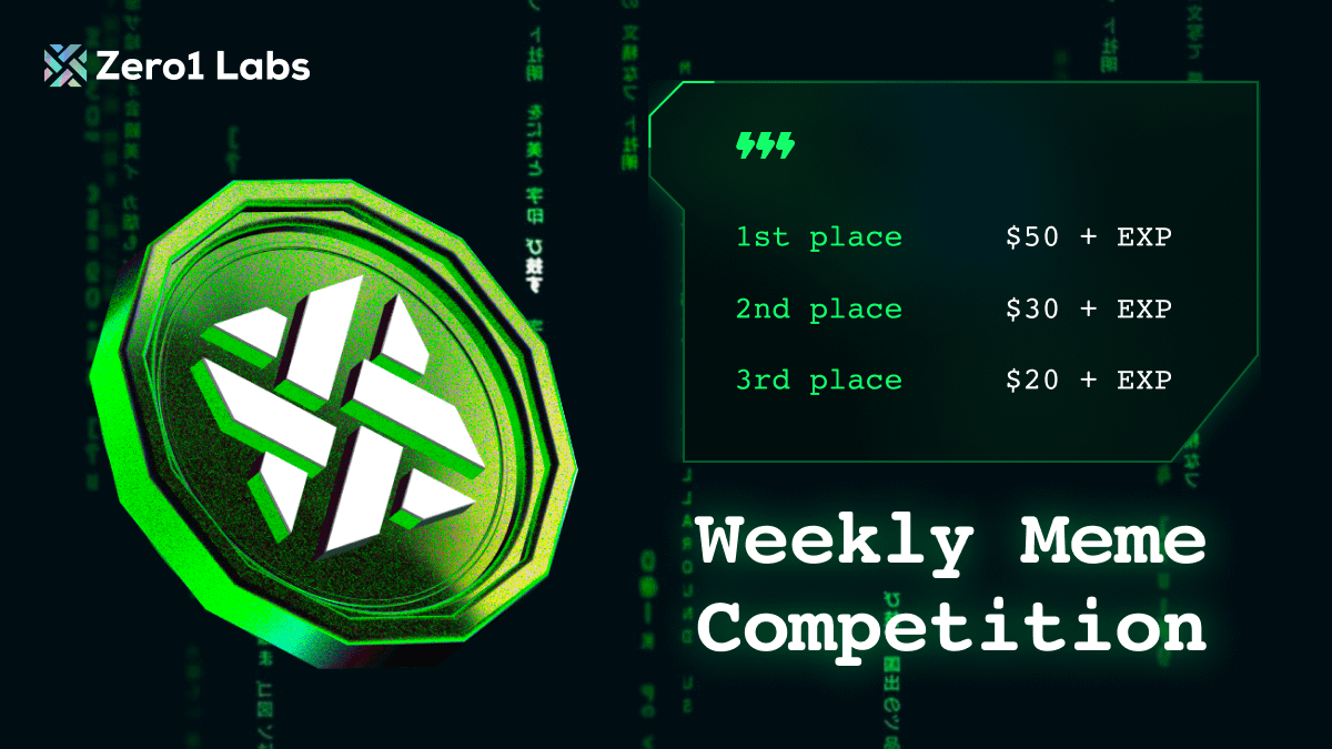 zero1_labs's tweet photo. Enter Zero1 Labs Weekly Meme Competition! 🎉

Participants are invited to craft humorous memes, share them in the Zero1 Discord channel, and have the opportunity to win $DEAI tokens.

To enter, please follow these steps:

🖥️ Head into Discord - https://t.co/rg7LF2wSrL
🎨 Make a meme with a Zero1 (or Matrix) theme
🐦 Share your meme on Twitter, mentioning @zero1_labs and using the hashtag #z1meme
🔗 Head to the meme competition channel on discord and share the link there

The meme that receives the highest number of reactions in the Discord channel will be declared the victor.

We encourage you to showcase your creativity and participate in this engaging competition.
