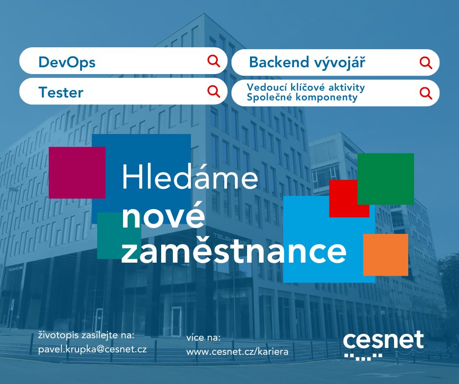 Hledáme nové kolegy a kolegyně!
Posilujeme tým, který buduje datové služby pro vědu a výzkum v ČR a máme otevřené 4 nové pozice:
DevOps/Backend/Tester/Vedoucí klíčové aktivity Společné komponenty a služby NDI.
Zaujala vás některá? Více info na našem webu:
cesnet.cz/kariera