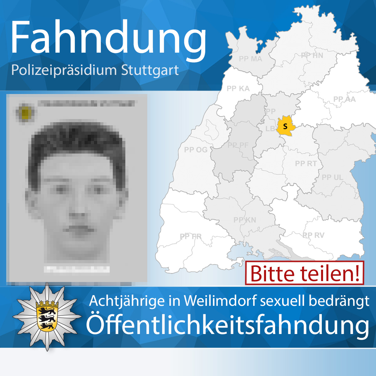 LkaBaWue's tweet photo. #Öffentlichkeitsfahndung - BITTE RT ⚠️  Wir fahnden nach einem Mann, der am 03.06.2024 ein achtjähriges Mädchen unterhalb der Thaerstraße in #Stuttgart #Weilimdorf 📍 in ein Gebüsch gezogen und es sexuell bedrängt haben soll.

Zur Fahndung ▶️ https://t.co/fmO4VQn5u1

Euer #LKABW https://t.co/3ecuYnn6eJ