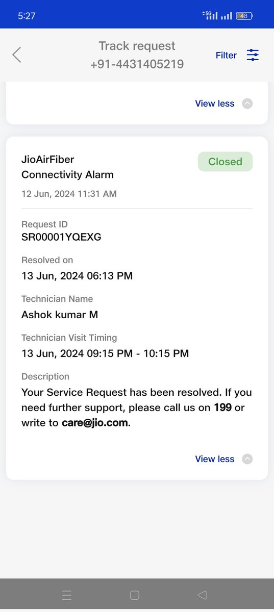 divakarsin93's tweet photo. @JioCare 
I installed the AirFiber on June 10. On the same day, it stopped working. So, I raised a complaint with Jio on June 12, 2024, but my issue has not been resolved. Kindly do the needful or uninstall the device and process a refund.
Phone: 9894585803 https://t.co/37JZe65tiA
