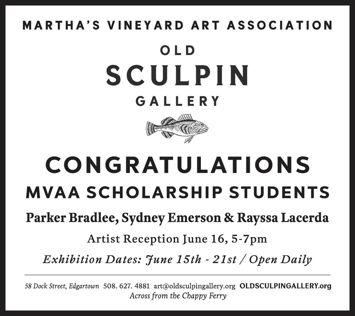 MVRHS (@mvrhs) on Twitter photo Please stop by the Old Sculpin Gallery between 5-7 pm this Sunday to enjoy and celebrate the group art exhibit by recent MVRHS grads and MVAA Scholarship recipients Parker Bradlee, Sydney Emerson, and Rayssa Lacerda! It's going to be a great show.
<a href="/OldSculpin/">Old Sculpin Gallery</a> Please stop by the Old Sculpin Gallery between 5-7 pm this Sunday to enjoy and celebrate the group art exhibit by recent MVRHS grads and MVAA Scholarship recipients Parker Bradlee, Sydney Emerson, and Rayssa Lacerda! It's going to be a great show.
<a href="/OldSculpin/">Old Sculpin Gallery</a>