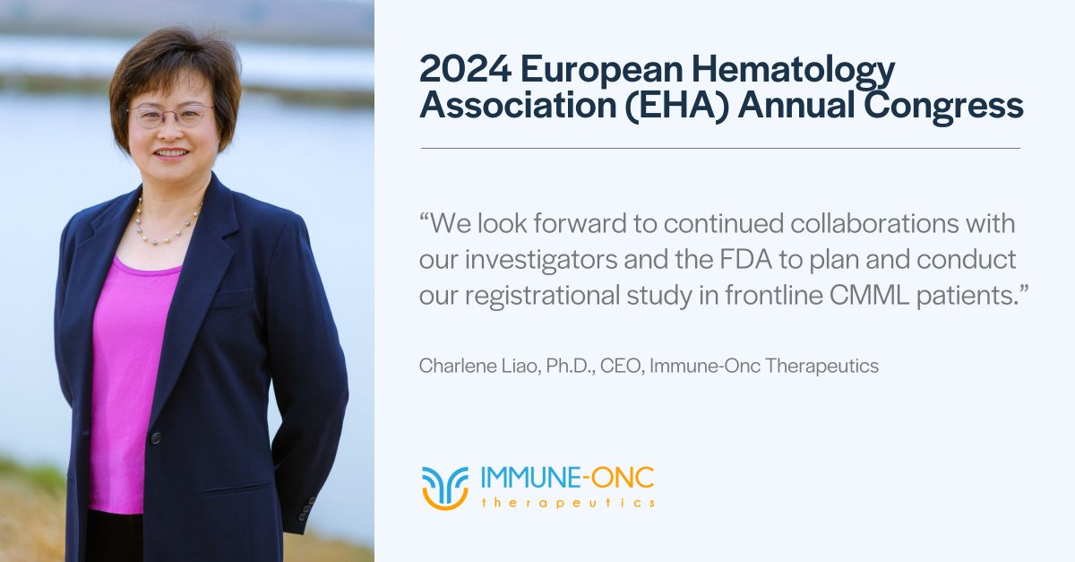 Immune-Onc Therapeutics (@immuneonc) on Twitter photo New from <a href="/ImmuneOnc/">Immune-Onc Therapeutics</a> at #EHA2024! Today, we will present additional positive interim Ph 1b expansion data for IO-202 in #CMML patients. The study shows early and sustained complete remissions among patients, regardless of their prognosis or mutation status. bit.ly/3Rs1SC7 New from <a href="/ImmuneOnc/">Immune-Onc Therapeutics</a> at #EHA2024! Today, we will present additional positive interim Ph 1b expansion data for IO-202 in #CMML patients. The study shows early and sustained complete remissions among patients, regardless of their prognosis or mutation status. bit.ly/3Rs1SC7