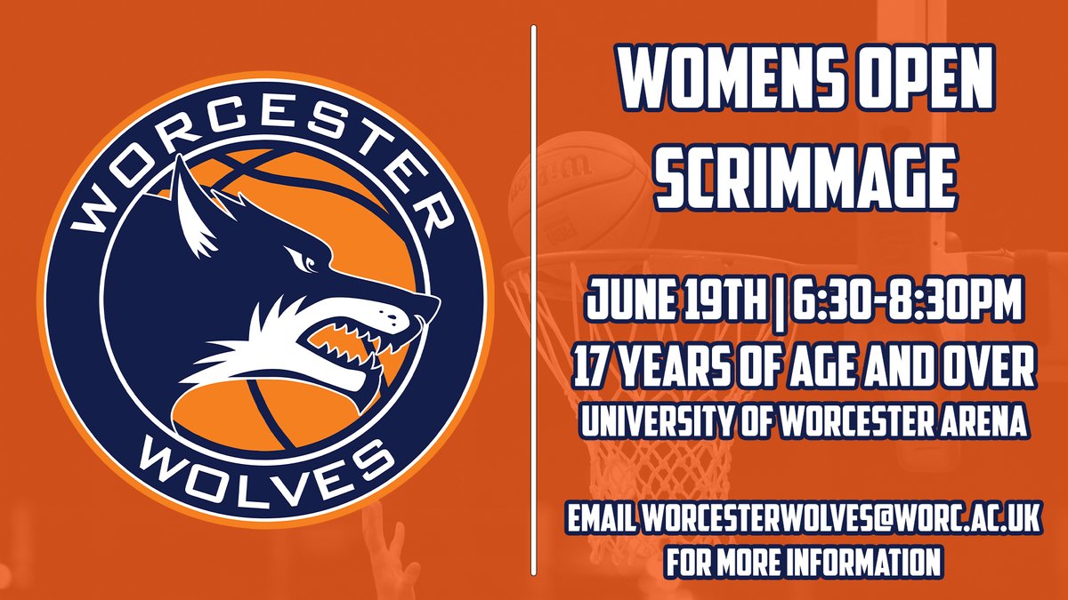 Worcester Wolves Women’s Basketball Team (@wnblwolves) on Twitter photo 🏀TOMORROW NIGHT!🏀
We are hosting an open women's scrimmage at the University of Worcester Arena on June 19th from 6.30pm to 8.30pm.
Participants must be 17 years and over.
For more details email worcesterwolves@worc.ac.uk
#WolfPack #Scrimmage #WomensBasketball 🏀TOMORROW NIGHT!🏀
We are hosting an open women's scrimmage at the University of Worcester Arena on June 19th from 6.30pm to 8.30pm.
Participants must be 17 years and over.
For more details email worcesterwolves@worc.ac.uk
#WolfPack #Scrimmage #WomensBasketball