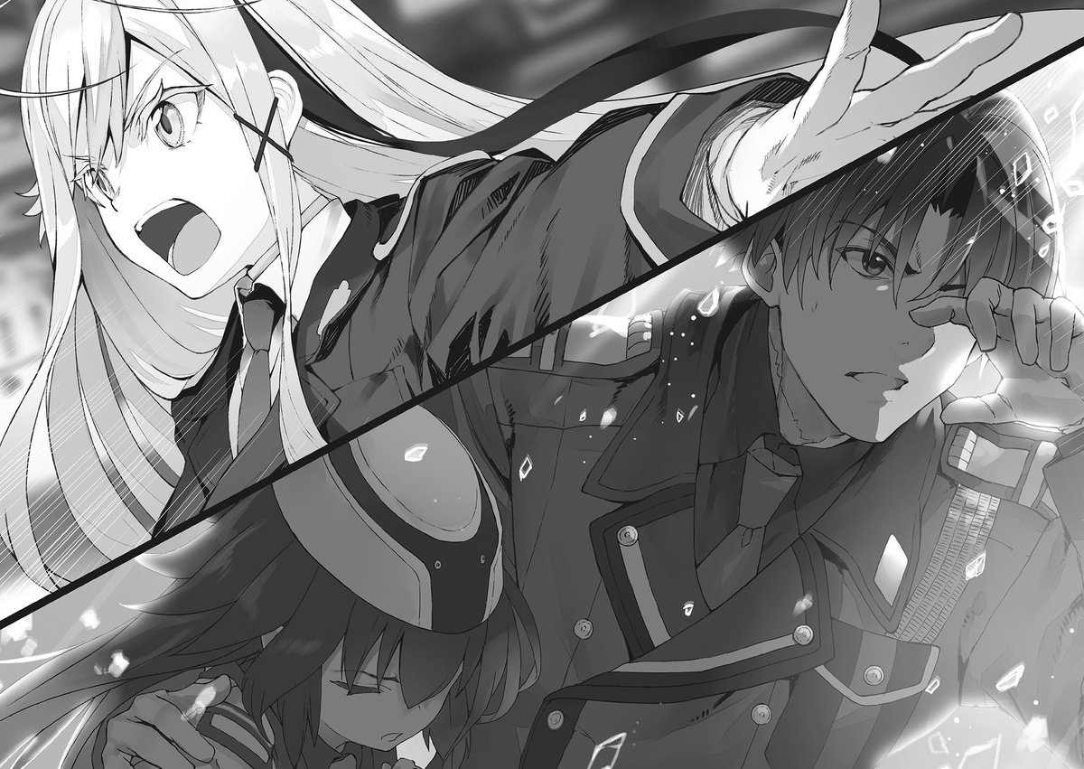 Yonaluvss's tweet photo. THIS LN ILLUSTRATION WITH BOTH LENA AND SHIN !!!! Shin protecting Frederica and then Lena getting for the Legion attack https://t.co/PReyL36vND