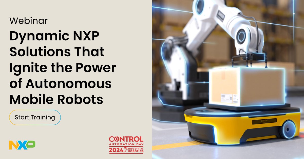 NXP's tweet image. Unlock the power of autonomous mobile robots!🚀

🎥 Watch Anytime, Anywhere to learn about the key drivers, trends, and challenges with autonomous mobile #robots

Watch now 👉 okt.to/Uu8S4z
 
#MobileRobotics #NXPTraining #Industrial