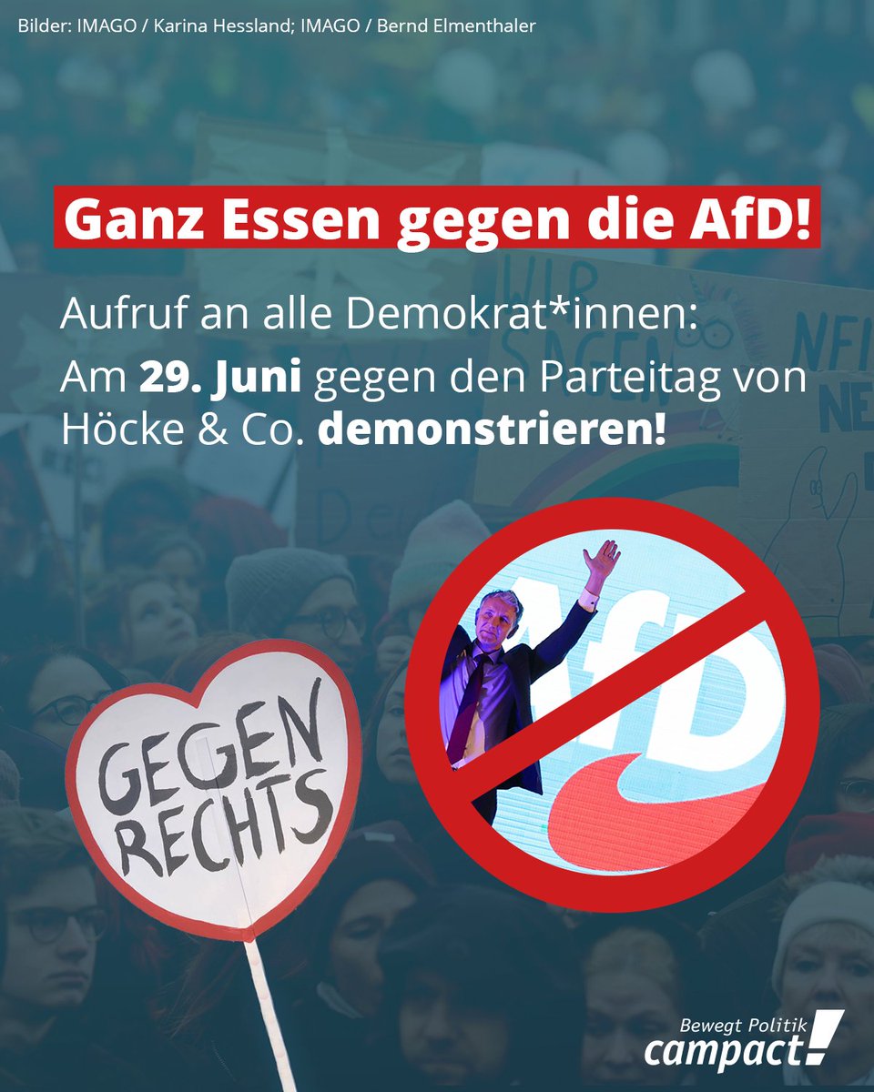 Kein ungestörter Parteitag für Rechtsextreme!

Alle Demokrat*innen sind aufgerufen, am 29. Juni ins Ruhrgebiet zu fahren und gegen die AfD zu demonstrieren. Mehr Infos: campact.org/AfD-Essen

#niewiederistjetzt