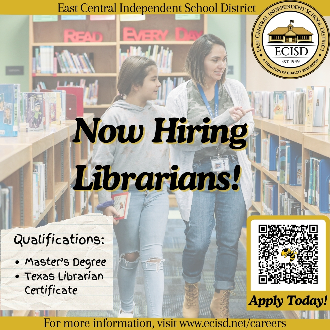 ECISDtweets's tweet photo. ECISD is currently hiring qualified and passionate librarians! If you're ready to inspire young minds and foster a love for reading, apply now: https://t.co/3XEggLNsep #LibrarianJobs #EducationCareers #JoinECISD https://t.co/1cLVJAK62e