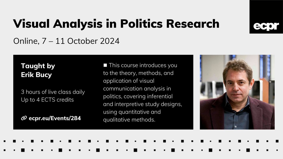 European Consortium for Political Research (@ecpr) on Twitter photo 🧠 Learn the concepts for applying #VisualAnalysis in politics with hands-on exercises ⤵️
🤝 Explore visuals in inferential & interpretive studies using quantitative & qualitative methods
🧑🏫 Led by <a href="/erikpbucy/">Erik Bucy</a>
📆 22–26 Jul, 09:30–12:30 CEST
👉 Book ecpr.eu/Events/284 🧠 Learn the concepts for applying #VisualAnalysis in politics with hands-on exercises ⤵️
🤝 Explore visuals in inferential & interpretive studies using quantitative & qualitative methods
🧑🏫 Led by <a href="/erikpbucy/">Erik Bucy</a>
📆 22–26 Jul, 09:30–12:30 CEST
👉 Book ecpr.eu/Events/284