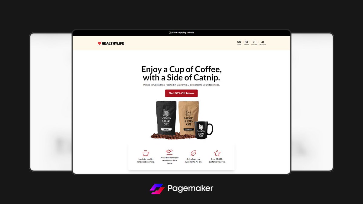 Rate this Landing Page Hero section! 

We try to showcase almost everything in the first view of the page, including the logo, Shipping location, Countdown Timer, Heading, description, CTA, product image, and highlights via bullet points.

Preview: health.pagemaker.link