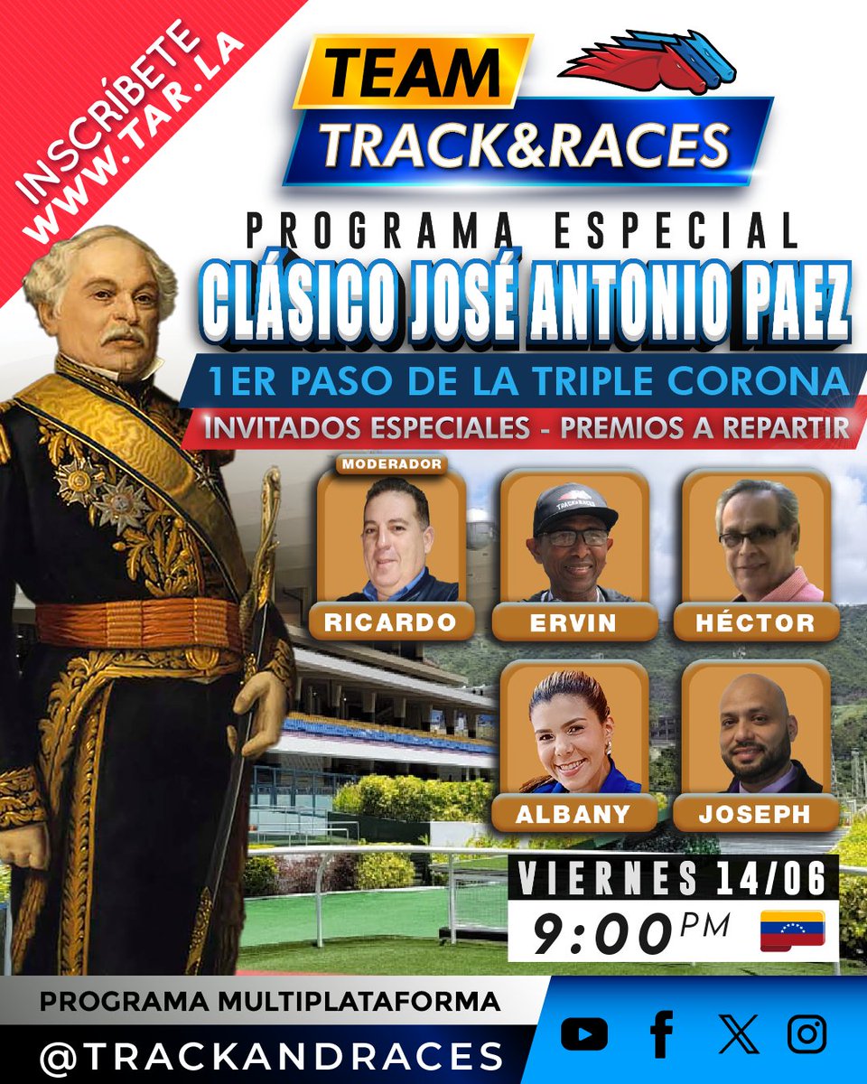 track_races's tweet image. A disfrutar del #ProgramaEspecial hoy 😎🇻🇪 Clásico #JoseAntonioPaez 🏇

La cita es a las 9pm horas Vzla-Miami. 💥 Ten lo mejor en aciertos, pronósticos, entrevistas y mucho más acerca del hipismo nacional.☑️ Por parte del #Teamtrackandraces 🤓 ¡Invitados especiales!💪…