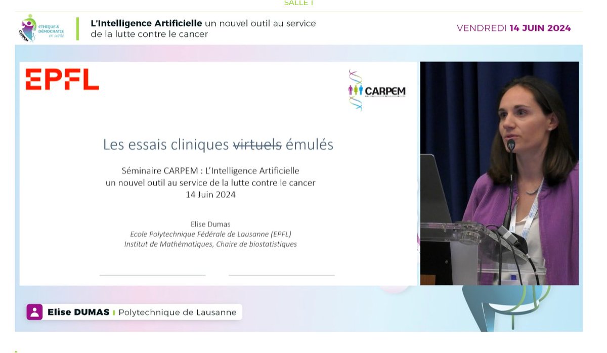 Elise Dumas de l'<a href="/EPFL/">EPFL</a>  nous introduit aux essais cliniques émulés ! 

<a href="/Institut_cancer/">Institut national du cancer</a> <a href="/APHP/">Assistance Publique – Hôpitaux de Paris (AP-HP)</a> <a href="/univ_paris_cite/">Université Paris Cité</a> <a href="/UP_Medecine/">Université Paris Cité Médecine</a> <a href="/Inserm/">Inserm</a> @CRCordeliers