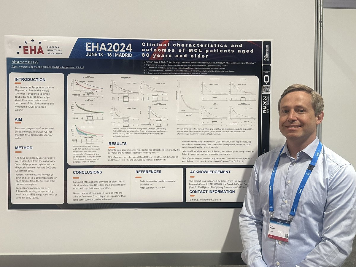 At #EHA24, please visit our posters #MCL, N=p1243, N=p1274, N=p1118, N=p1129 18.00
Elderly &gt;85 MCL still dies prefarably from their MCL,
Long term results Philemon, ibru + lena+R good results
Serum profiles identifies macrophages as of interest and genetic of paired biopsies