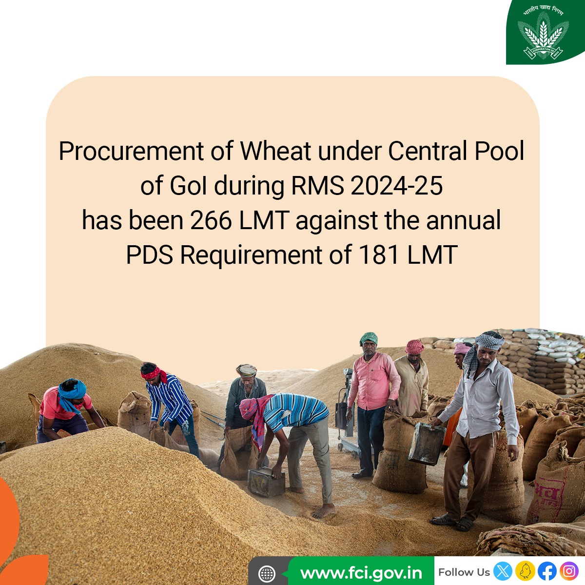 FCI_India's tweet photo. Central pool procurement during RMS 2024-25 is 266 LMT against annual PDS requirement of approximately 181 LMT.

#RMS #RMS20242025 #FoodSecurity #FCIFoodStock #RabiMarketSeason #CentralPool https://t.co/C1oyJlonN3