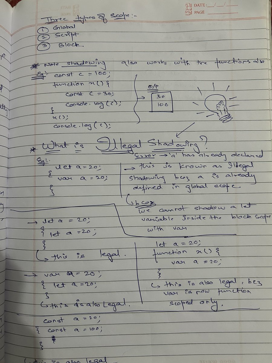 Sparsh209's tweet image. Day 64 #100DayOfCode
Completed another 2 videos of Namaste React playlist by @akshaymarch7 
Learning’s ✅
- what is Temporal dead zone
- what is a Block
- Types of Scopes
- Types of Errors we get
- Shadowing
- Illegal Shadowing
#javascript #100DaysOfCoding #learnInPublic