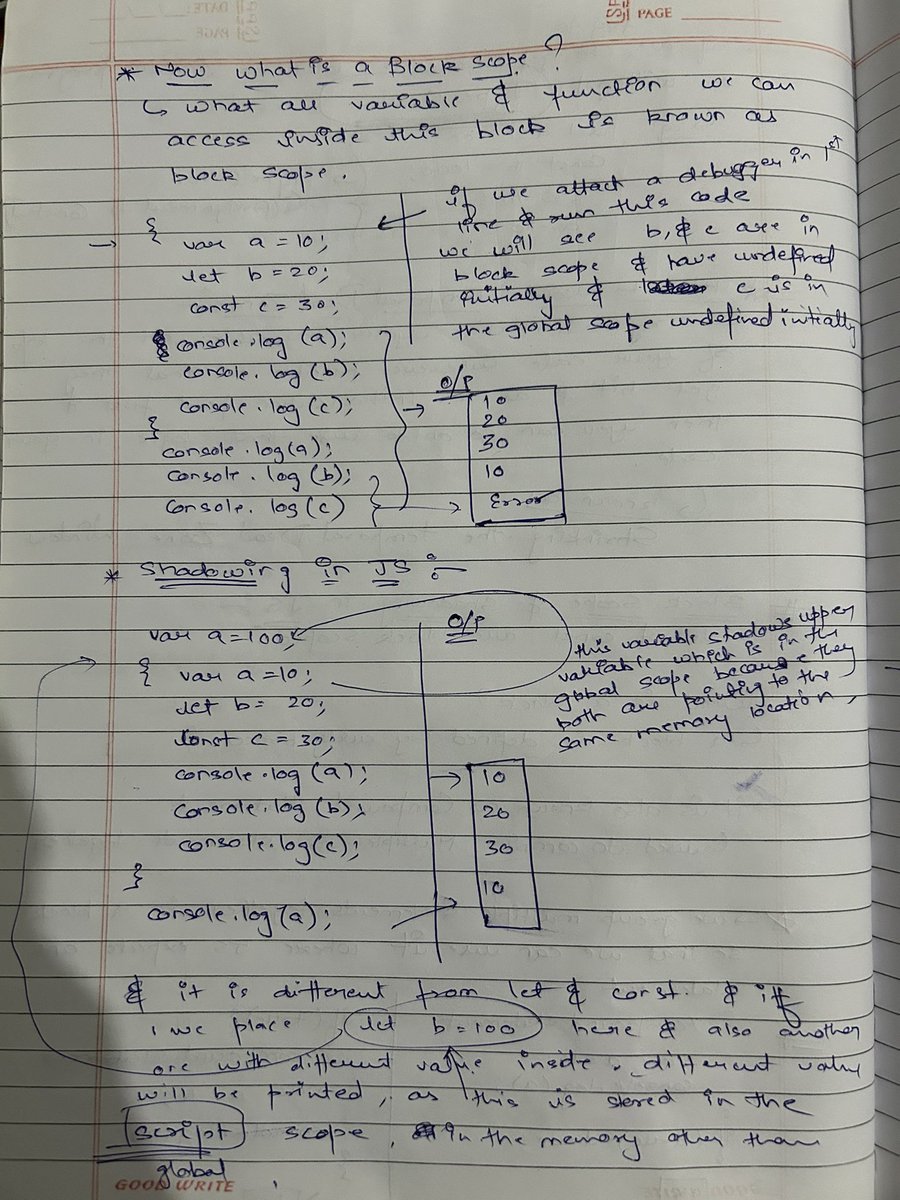 Sparsh209's tweet image. Day 64 #100DayOfCode
Completed another 2 videos of Namaste React playlist by @akshaymarch7 
Learning’s ✅
- what is Temporal dead zone
- what is a Block
- Types of Scopes
- Types of Errors we get
- Shadowing
- Illegal Shadowing
#javascript #100DaysOfCoding #learnInPublic