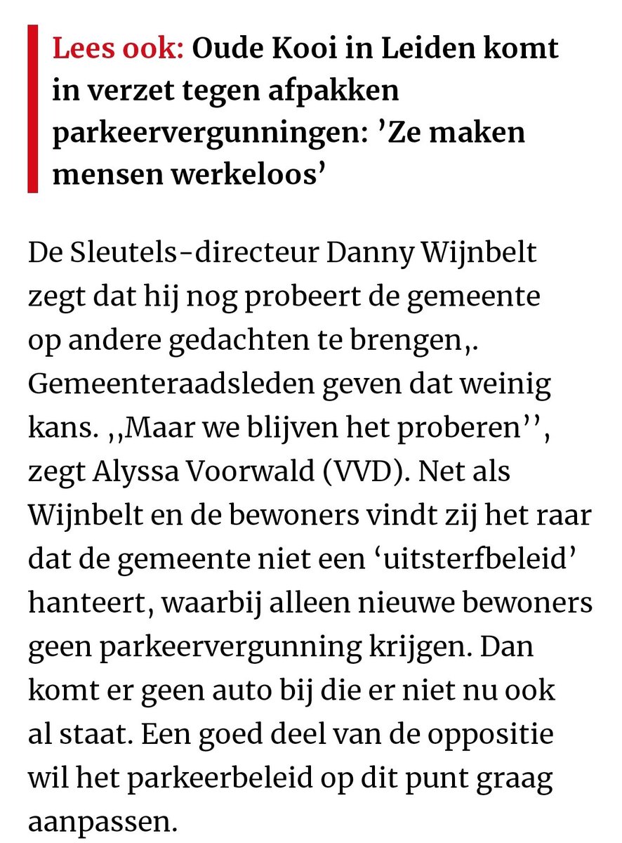 "Leiden is onverbiddelijk: één woning meer dan er nu staat in de Kooi en niemand krijgt een parkeervergunning." Onbegrijpelijk beleid. <a href="/VVDLeiden/">VVD Leiden</a> wil dat alle huidige bewoners een parkeervergunning kunnen blijven aanvragen, ook bij extra woningen. ap.lc/scXaj