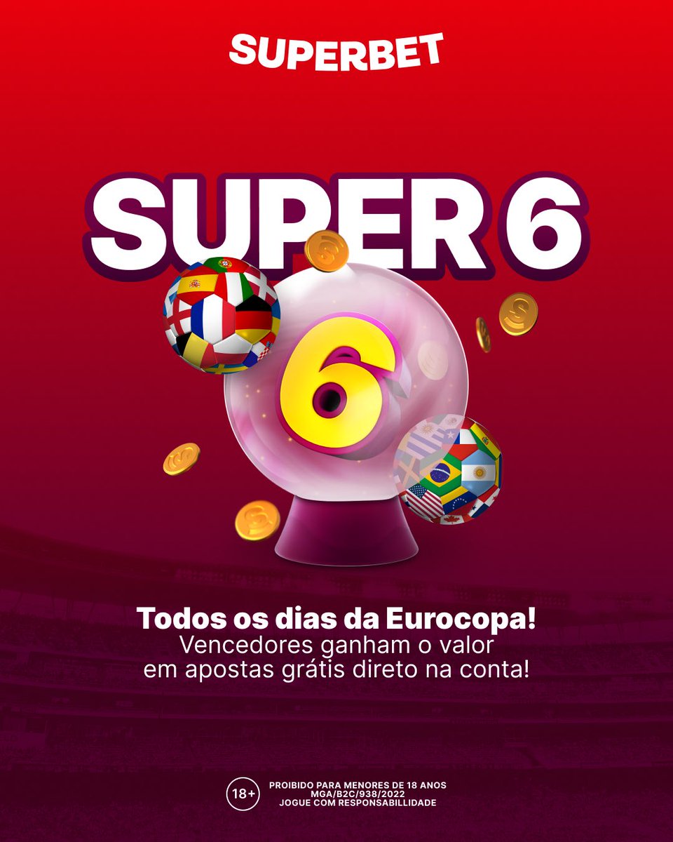 superbet_br's tweet image. SUPER 6 TODOS OS DIAS??? SIM, TEREMOS! 🤑🤑

Durante a Eurocopa, fique ligado e deixe seus palpites para os jogos da rodada, você pode ganhar prêmios!

Entre e participe! 

bit.ly/superbet_br