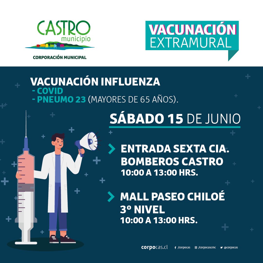[VACUNACIÓN] Nuestro Departamento de #SaludMunicipal llama a la población objetivo de la campaña de vacunación #covid_19, #influenza y #pneumo23 a acudir a vacunarse en diferentes espacios públicos y sectores de nuestra comuna este viernes 14 y sábado 15 de junio.