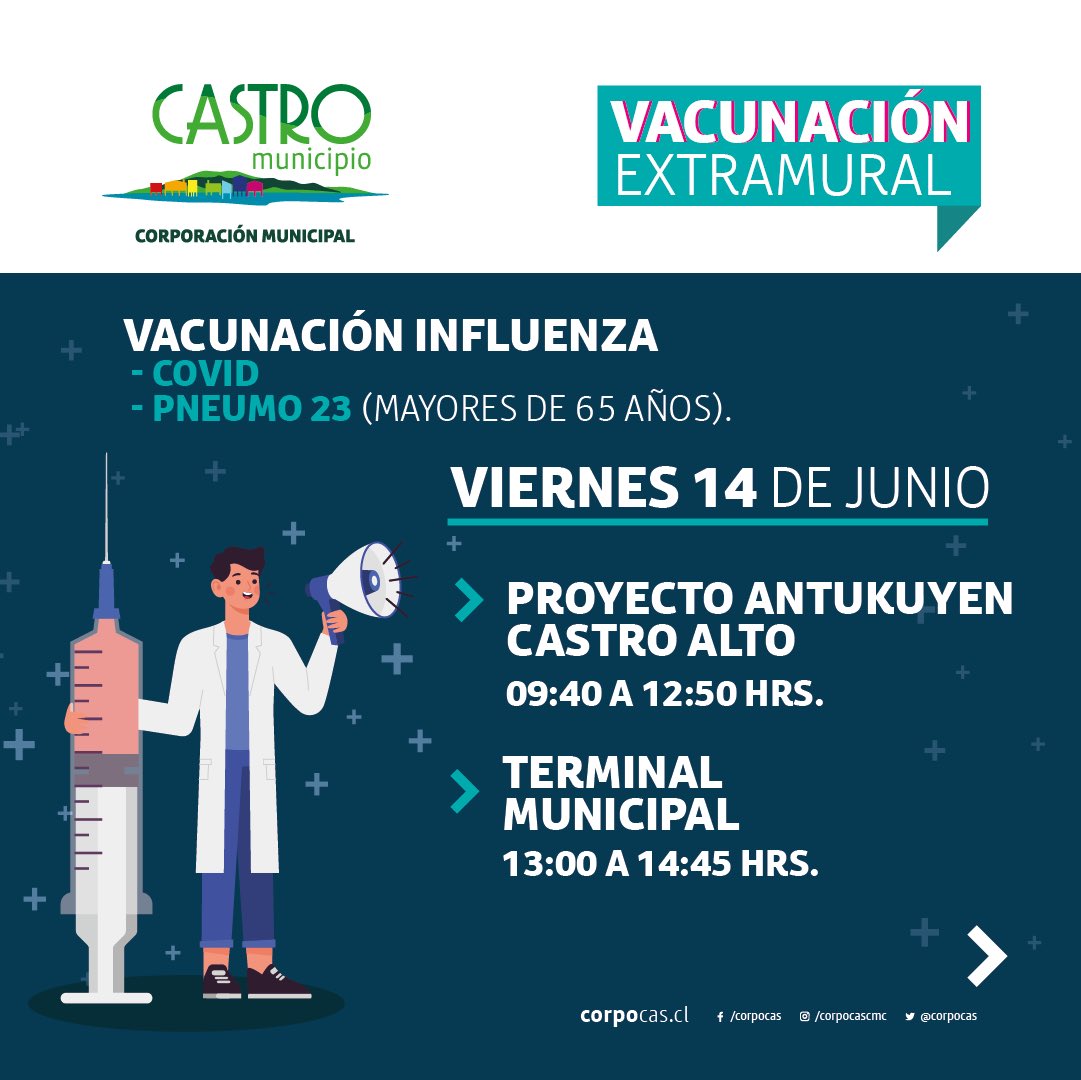 Corpocas's tweet photo. [VACUNACIÓN] Nuestro Departamento de #SaludMunicipal llama a la población objetivo de la campaña de vacunación #covid_19, #influenza y #pneumo23 a acudir a vacunarse en diferentes espacios públicos y sectores de nuestra comuna este viernes 14 y sábado 15 de junio. https://t.co/uonVXrlL2l
