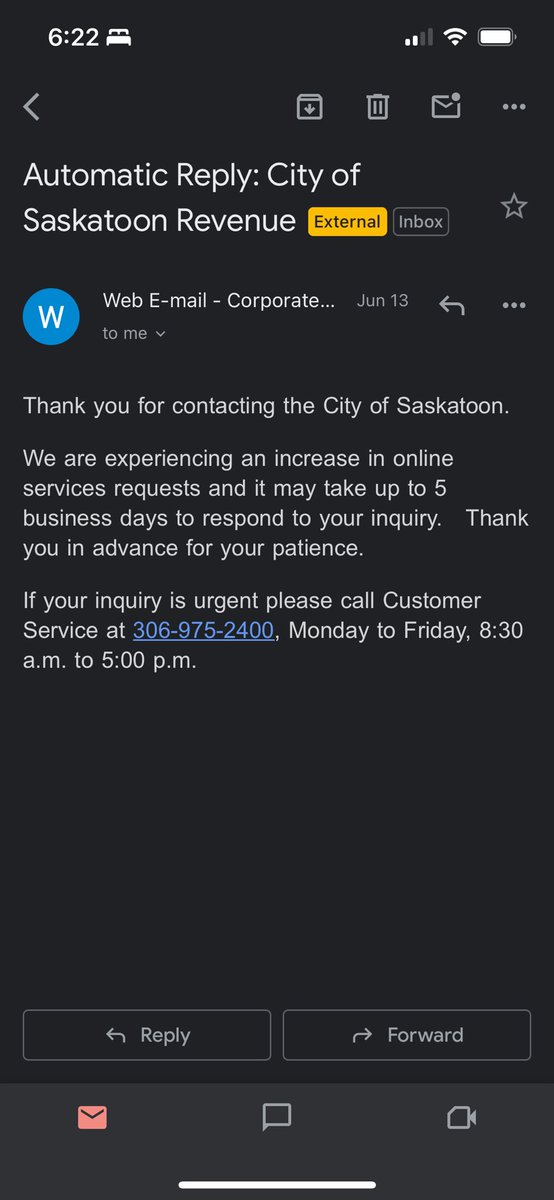 palmdeezy4's tweet photo. @cityofsaskatoon I find all of that incredibly hard to believe.  1 person working the ‘Customer Service’ desk the last two days.  No one answers the phone.  Have spent multiple hours on hold.  When I email I get this message. So, you can’t call, can’t email and the wait can be hours in person. https://t.co/CWFHmXjOY9