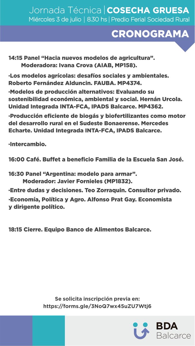 3 semanas para Jornada Cultivos Cosecha Gruesa Banco Alimentos Balcarce, te esperamos con un alimento no perecedero Predio Soc Rural Balcarce 3 Julio 8:30 Inscripción forms.gle/3NoQ7wx45uZU7W… <a href="/CiafbaSudeste/">CIAFBA REGIÓN SUDESTE</a> <a href="/AIABalcarce/">Asociación de Ing. Agr. Balcarce</a> <a href="/INTABalcarce/">INTABalcarce</a> <a href="/fcabalcarce/">FCABalcarce - UNMDP</a> <a href="/AapreMDQFangio/">Aapresid MDQ-JM Fangio</a> <a href="/aapresidneco/">Aapresid Necochea</a>