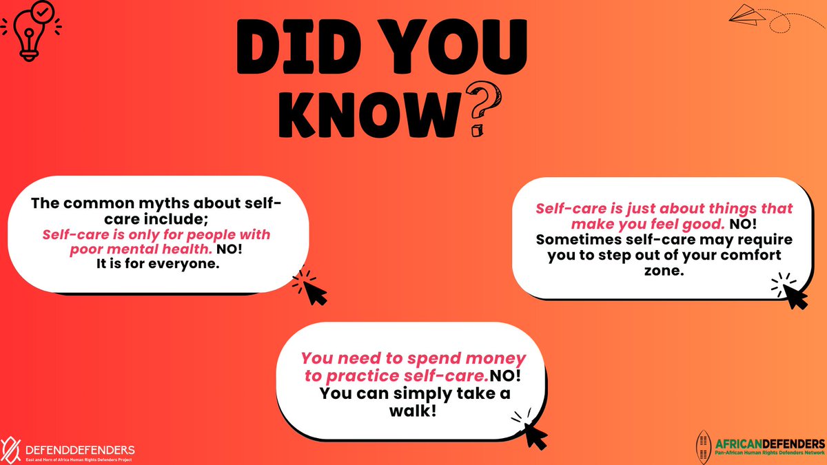 DefendDefenders's tweet photo. Here are some myths demystified about #selfcare and mental health.
#wellbeing #safebutnotsilent #humanrights4all https://t.co/Tfm0F767QK