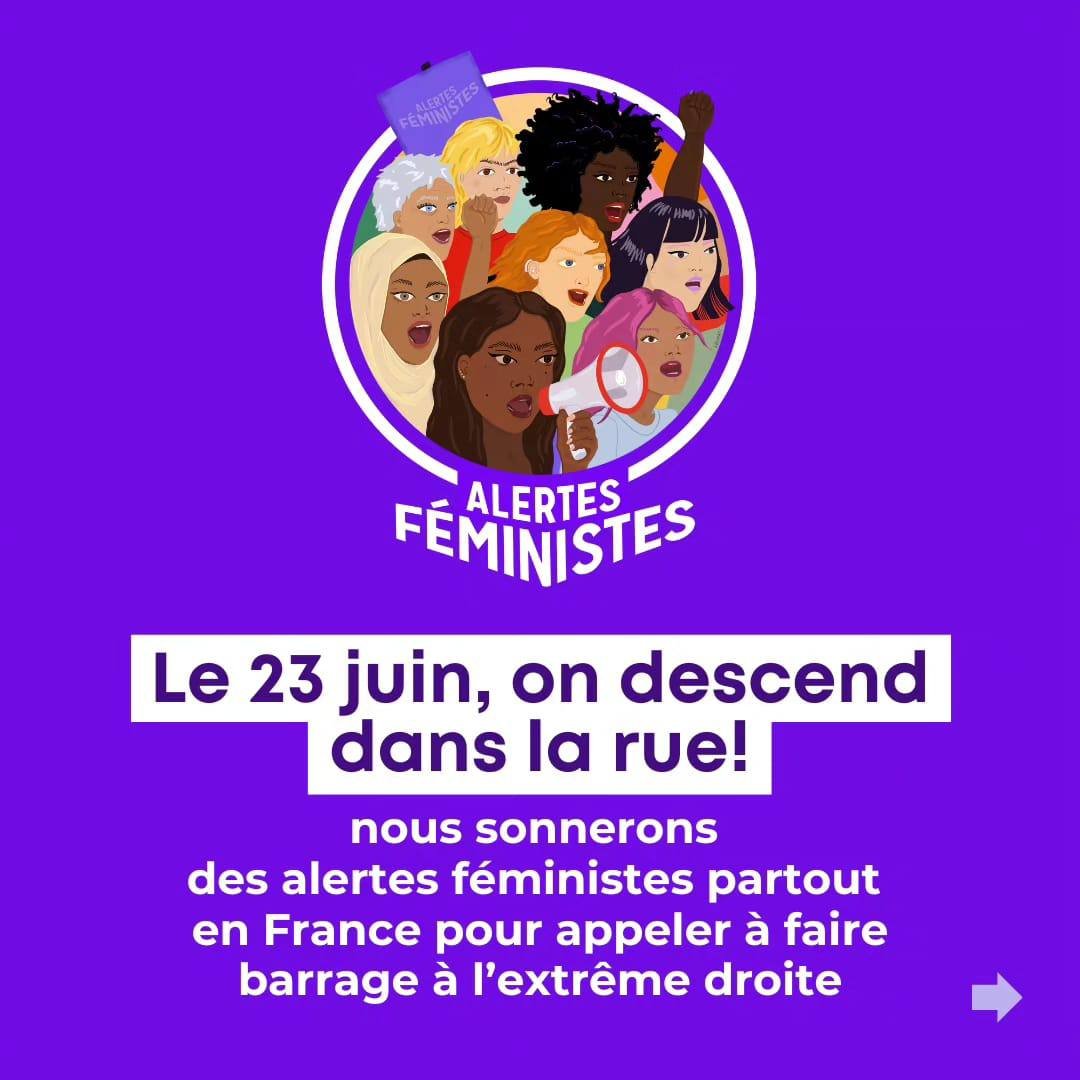 L'extrême droite doit reculer, pas nos droits !

Avec 150 organisations, nous sonnerons des #AlertesFéministes partout en France le 23 juin pour faire barrage à l'extrême droite.

→ Retrouver l'appel et la liste des signataires sur alertesfeministes.org