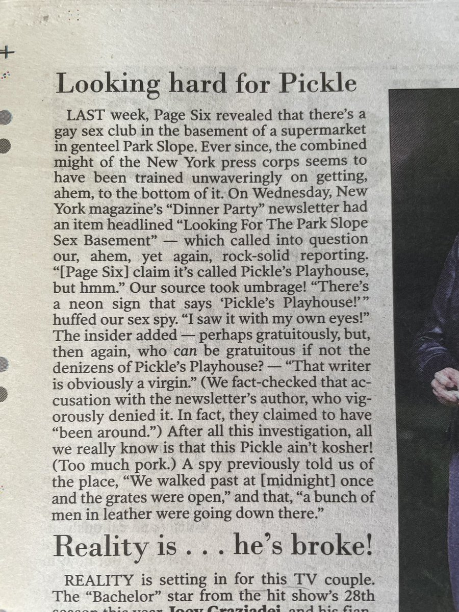 TabCityDiary's tweet photo. Page Six stands by its reporting on a gay sex club operating out of a Park Slope grocery, prints claim suggesting the NY mag writer who questioned it is a virgin. Writer denies it. https://t.co/G8mNHKOofA
