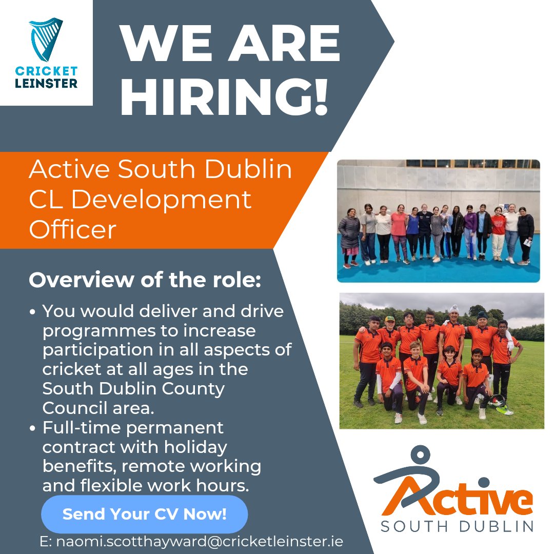 EXCITING JOB OPPORTUNITY!🏏

CL is hiring a Development Officer for the South Dublin area in partnership <a href="/ActiveSouthDub/">Active South Dublin</a> and <a href="/sdublincoco/">SDCC</a>!👇

cricketleinster.ie/news/cl-hiring…