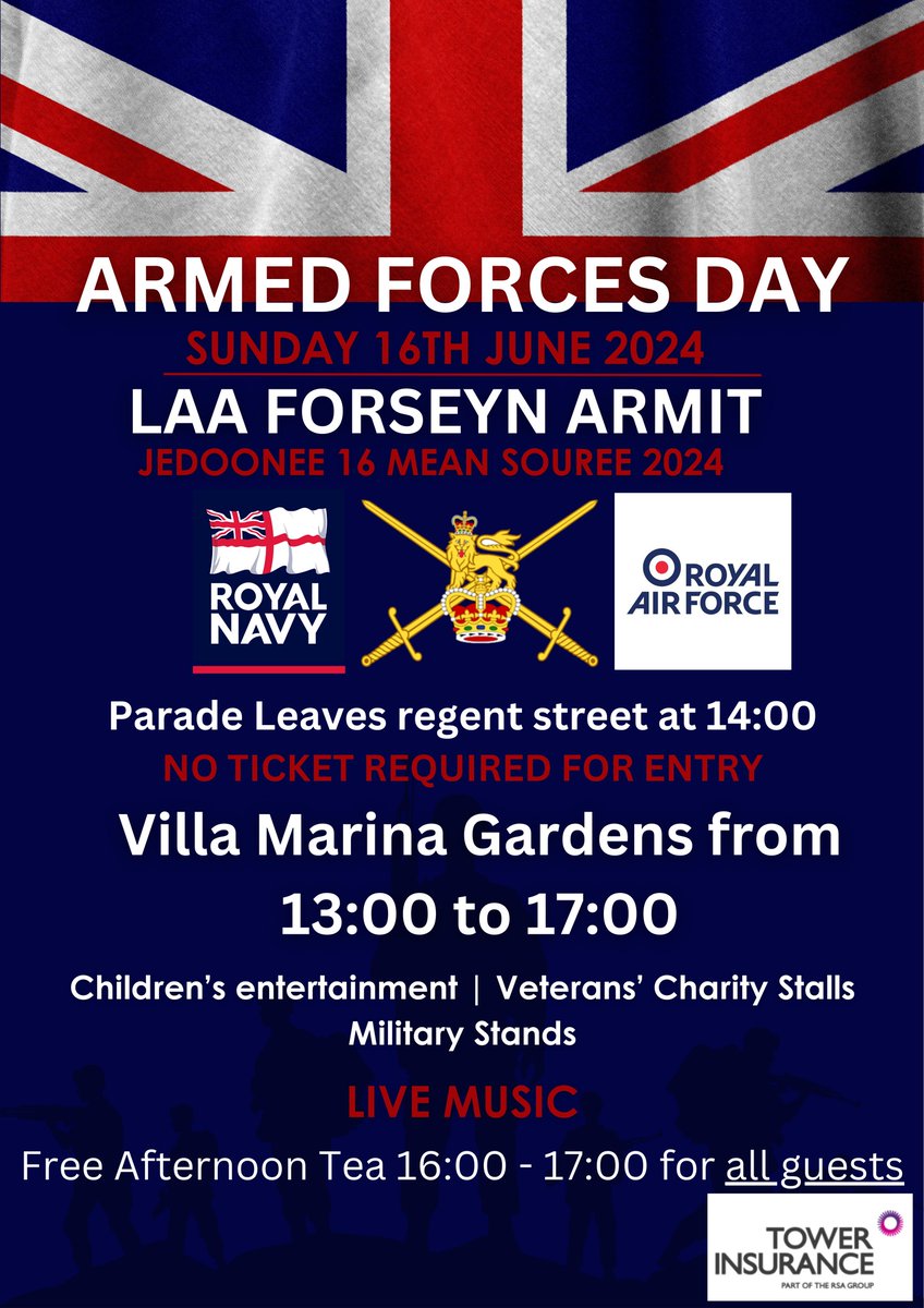 Armed Forces Day

Sunday 16th June - Villa Marina Gardens  1pm - 5pm

Parade leaves Regent Street at 2pm

Free Entry 🎟️
