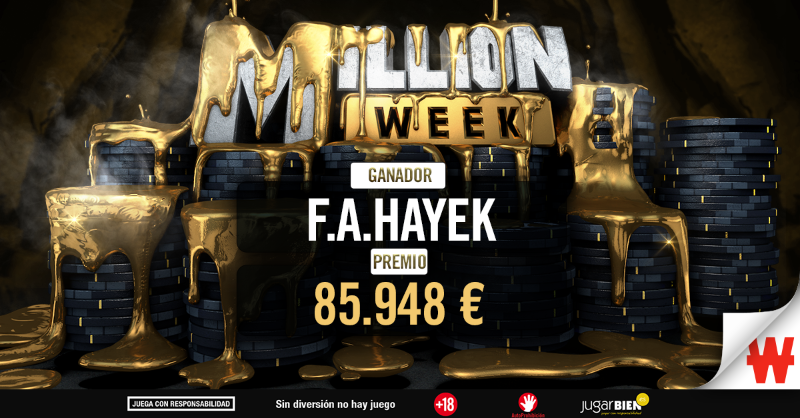 Winamax_Espana's tweet photo. 🥇 "F.A.Hayek" gana la #MillonWeek
Ayer los 26 mejores del torneo se disputaban el título de esta gran competición. Con un juego agresivo, fue "F.A.Hayek" quien se hizo con el mayor premio.
¡Enhorabuena, campeón! 🍾