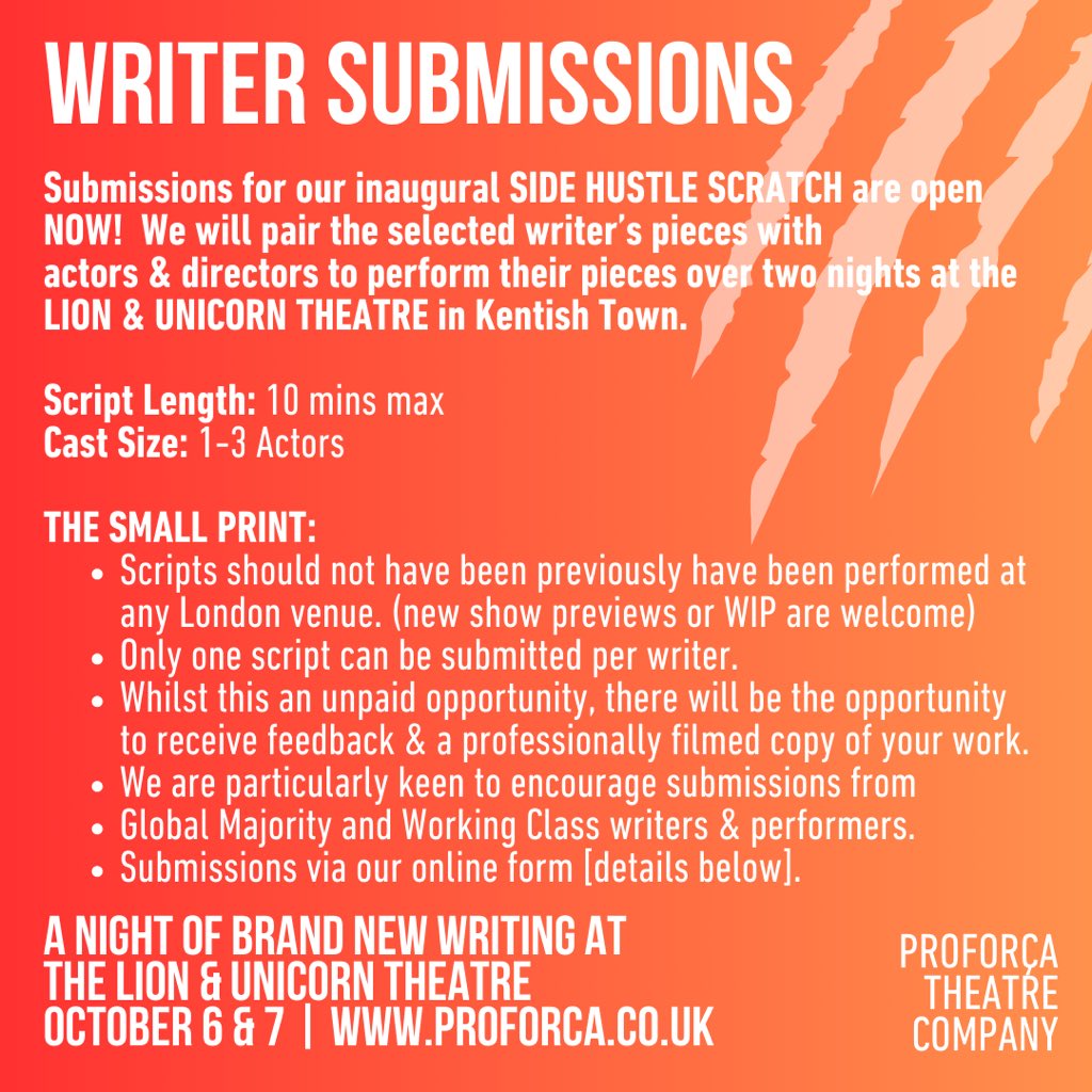 The Side Hustle (@sidehustletc) on Twitter photo 🦁 SCRATCH OFF THE DATES: Don’t forget you have until July 1st to submit your work for our <a href="/sidehustletc/">The Side Hustle</a> Scratch on Oct 6th and 7th <a href="/landutheatre/">Lion & Unicorn Theatre</a>
Thanks to the (loads!) of you who have submitted so far! 🦁 SCRATCH OFF THE DATES: Don’t forget you have until July 1st to submit your work for our <a href="/sidehustletc/">The Side Hustle</a> Scratch on Oct 6th and 7th <a href="/landutheatre/">Lion & Unicorn Theatre</a>
Thanks to the (loads!) of you who have submitted so far!