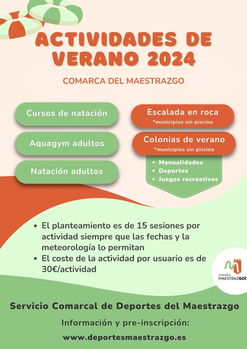Com_Maestrazgo's tweet image. 🤩☀️💦 Actividades de verano de la #ComarcaDelMaestrazgo

⬇️ Municipios con piscina:

Cursos de natación
Aquagym para adultos 
Natación adultos

⬇️ Municipios sin piscina por la sequía:

Escalada en roca

⬇️ Municipios sin piscina:

Colonias de verano

📲deportesmaestrazgo.es