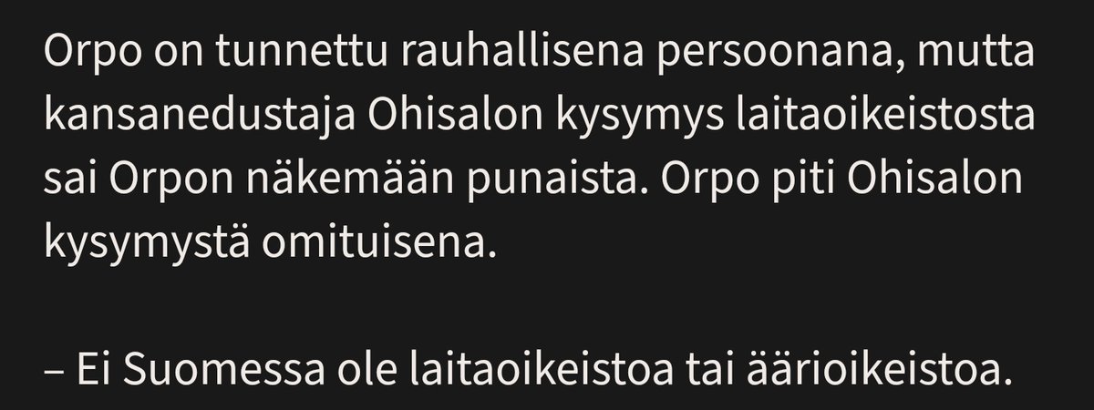 <a href="/PetteriOrpo/">Petteri Orpo</a> Hallituksessasi istuu äärioikeistolainen puolue. Olet itse väittänyt, että Suomessa ei olisi äärioikeistoa.

Uskottavuutesi tämän asian tuomitsemisessa on olematon, kun olet nostanut rasistit ja rasismia lietsovat valtioneuvoston jäseniksi ja vähätellyt koko ongelman olemassaoloa