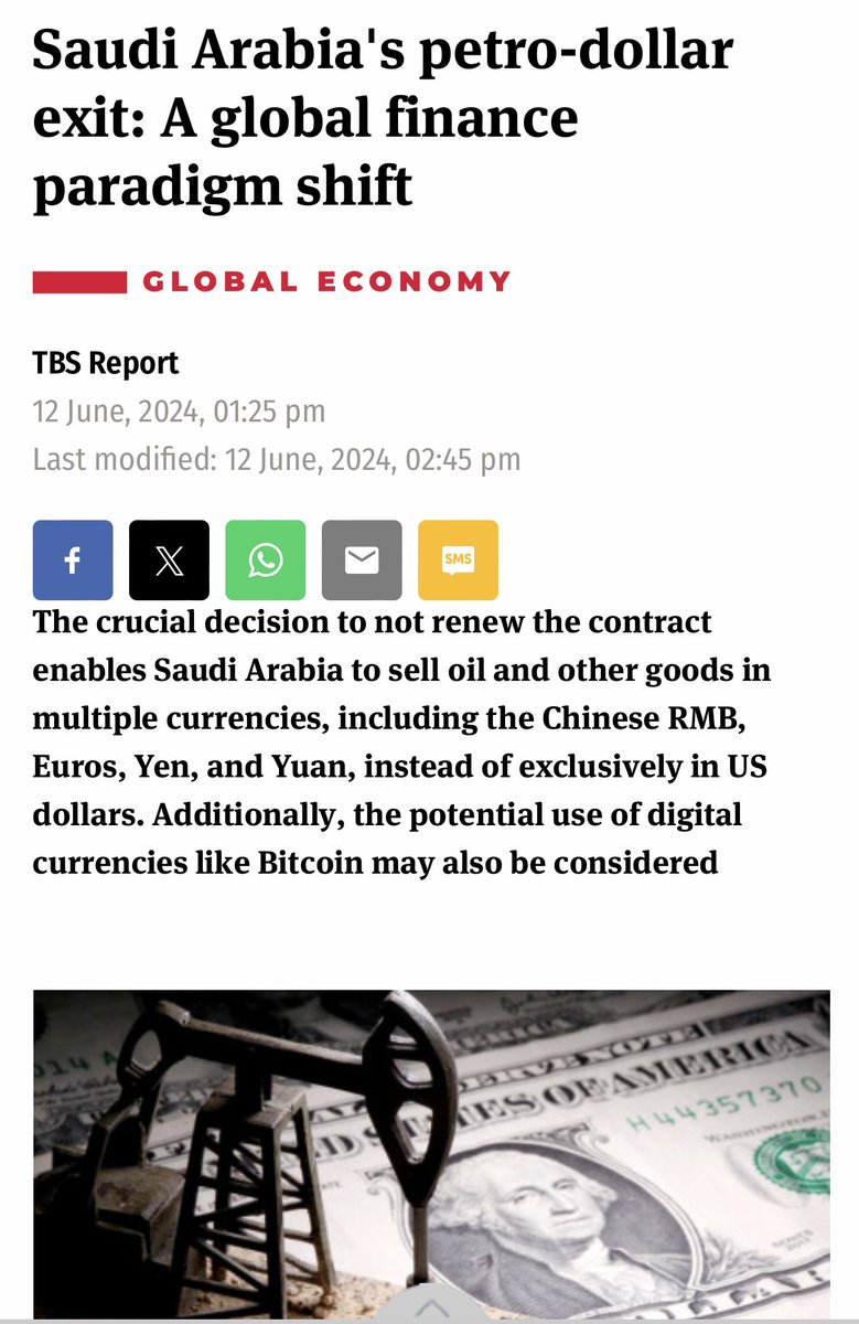 FmrRepMTG's tweet image. “Significant financial upheaval is potentially ahead of the financial world as Saudi Arabia has decided not to renew its 80-year petro-dollar deal with the United States. The deal, which expired on Sunday June 9th, was a cornerstone of the United States global economic…
